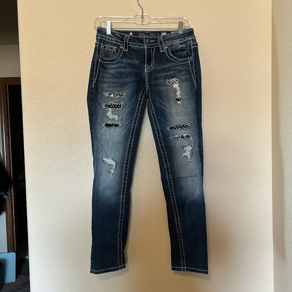 Miss Me Mid Rise Skinny Y2K Studded Distressed Bling Embellished Jean 26